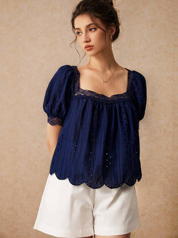 Floral Embroidery, Square Neck Lace Trim Puff Short Sleeve Scalloped Eyelet Design Blouse