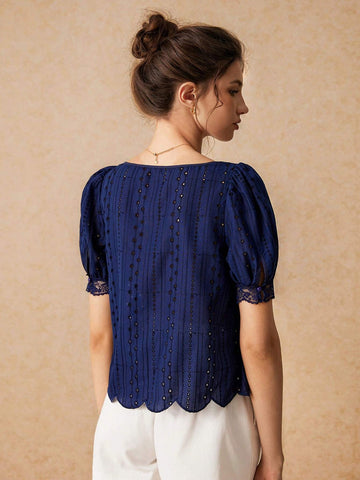 Floral Embroidery, Square Neck Lace Trim Puff Short Sleeve Scalloped Eyelet Design Blouse