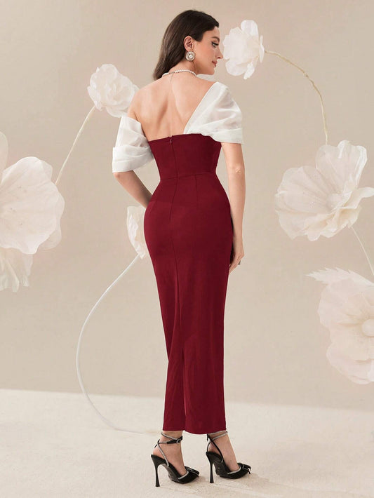 Modely Elegant Color Block Splice Women's Summer Long Dress With Rhinestone Decoration