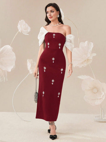 MModely Elegant Color Block Splice Women's Summer Long Dress With Rhinestone Decoration