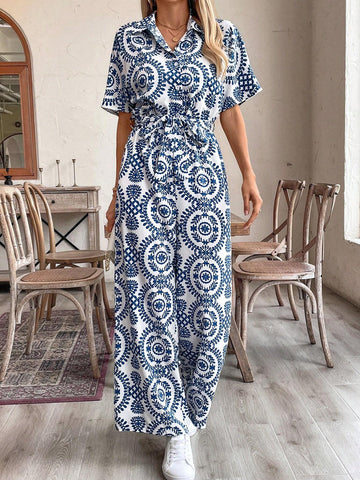 LUNE Women's Holiday Leisure Full Allover Print Wide-Leg Jumpsuit
