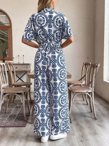 LUNE Women's Holiday Leisure Full Allover Print Wide-Leg Jumpsuit