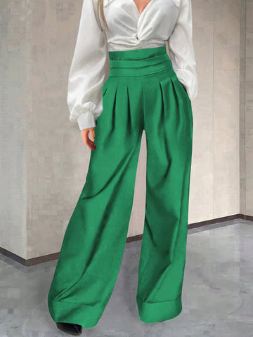 Essnce Solid Color Pleated Long Casual Pants