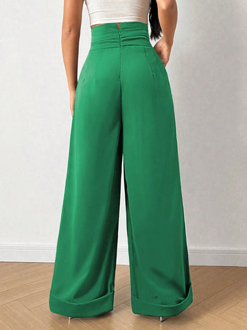 Relaxiva Solid High Waist Plicated Detail Wide Leg Pants