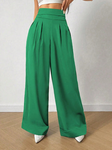 Relaxiva Solid High Waist Plicated Detail Wide Leg Pants