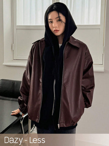 Dazy-Less Drop Shoulder Slant Pockets PU Jacket