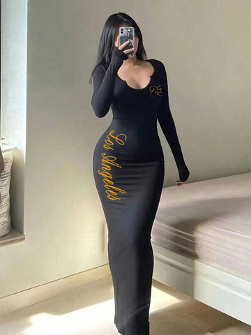Women's Elegant Simple Large Flower Print V-Neck Long Sleeve Slim Fit Knitted Dress