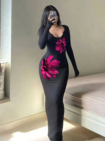 Women's Elegant Simple Large Flower Print V-Neck Long Sleeve Slim Fit Knitted Dress