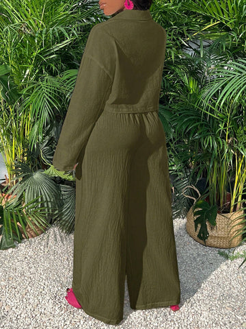 Slayr Casual Loose White Long Sleeve Cropped Shirt Top And Wide Leg Pants