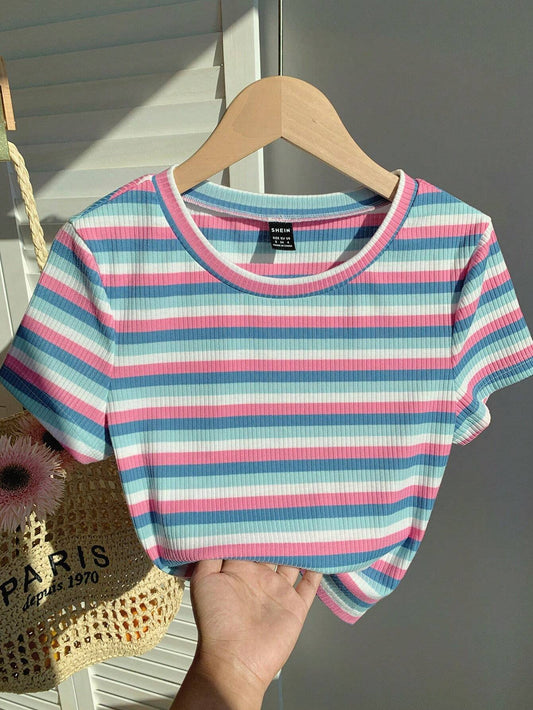 EZwear Colorful Striped Knitted Slim Fit Women's T-Shirt