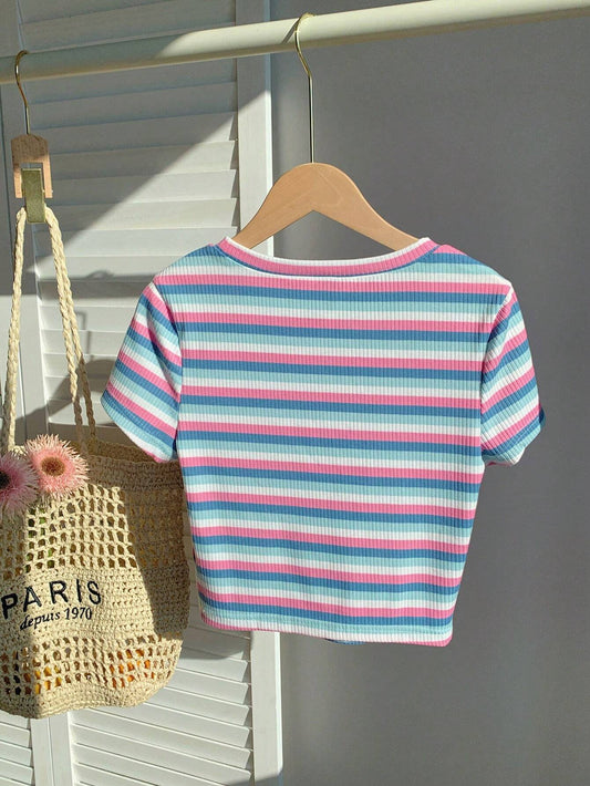 EZwear Colorful Striped Knitted Slim Fit Women's T-Shirt