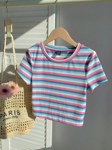 EZwear Colorful Striped Knitted Slim Fit Women's T-Shirt