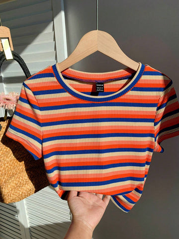 EZwear Colorful Striped Knitted Slim Fit Women's T-Shirt