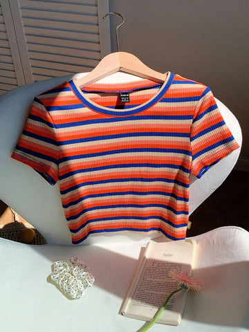 EZwear Colorful Striped Knitted Slim Fit Women's T-Shirt