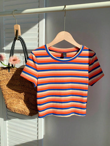 EZwear Colorful Striped Knitted Slim Fit Women's T-Shirt