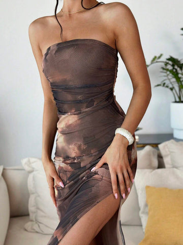 Aloruh American-Style Gradient Mesh Print Strapless Bodycon Dress