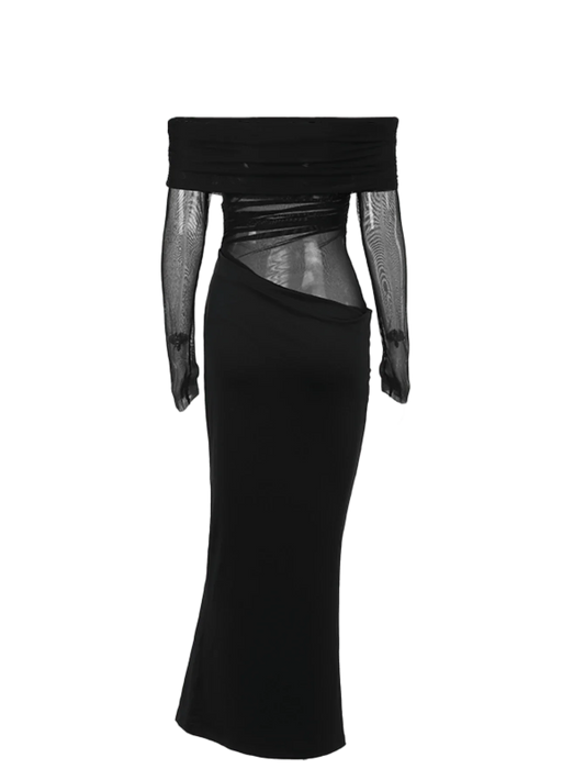 Women's Solid Color Off-Shoulder Mesh Hollow-Out Long Sexy Bodycon Dress