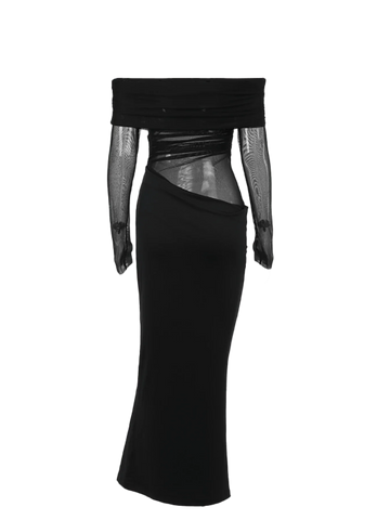 Women's Solid Color Off-Shoulder Mesh Hollow-Out Long Sexy Bodycon Dress