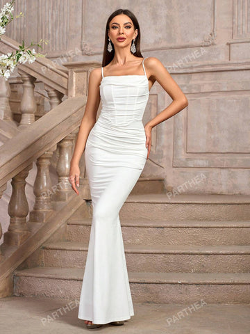 PARTHEA Solid Ruched Bodycon Formal Gown