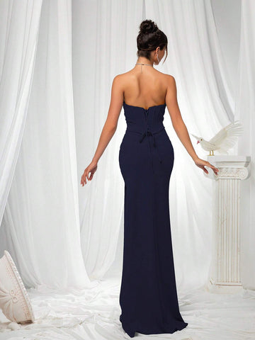 VIPGIRL Blue Strapless Slit Elegant Women's Evening Dress