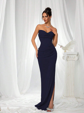 VIPGIRL Blue Strapless Slit Elegant Women's Evening Dress