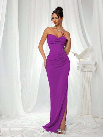 VIPGIRL Blue Strapless Slit Elegant Women's Evening Dress