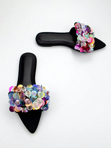 Handmade Beads Embroidery 3D Flower Decor Black Lycra Pointed Toe Flat Mules