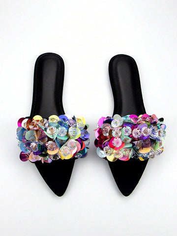 Handmade Beads Embroidery 3D Flower Decor Black Lycra Pointed Toe Flat Mules