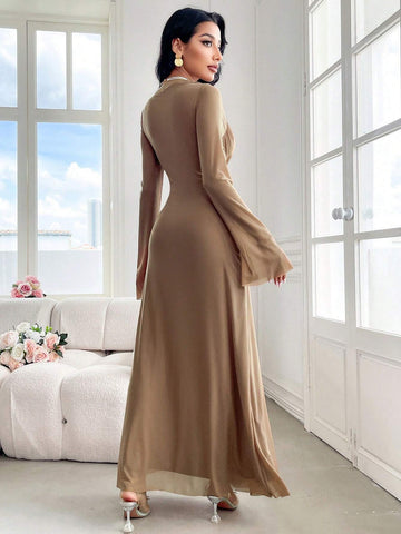 Modely Women's Solid Color Crew Neck Long Sleeve Twist Waist Maxi Elegant Dress