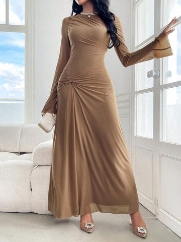 Modely Women's Solid Color Crew Neck Long Sleeve Twist Waist Maxi Elegant Dress