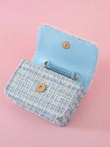 1pc Mini Girls' Cloth Shoulder Bag With Bowknot, Pearl Beads, Lace Edge And Metal Chain