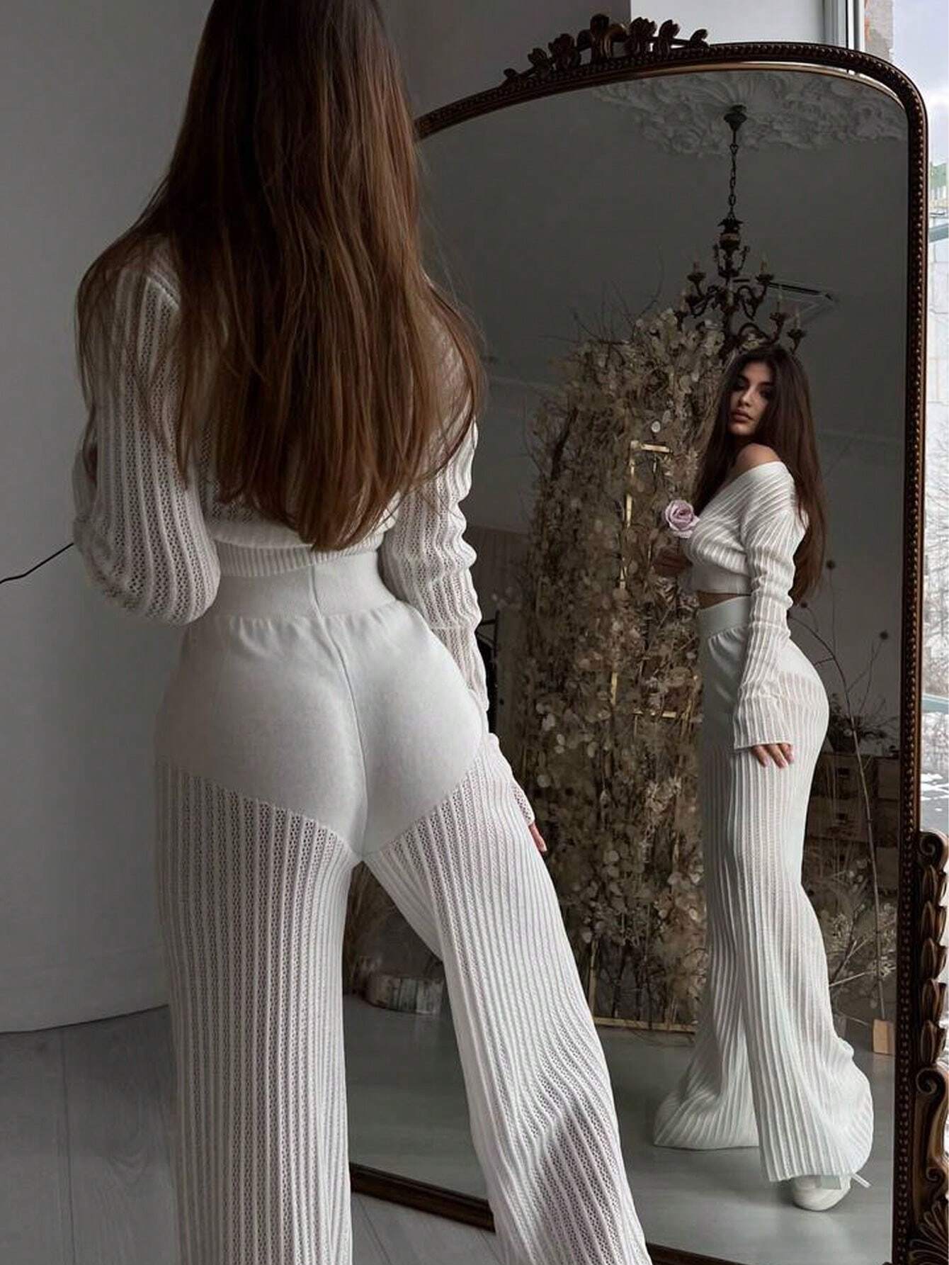 Stylish Knitted Sheer Solid Color Hollow Out Blouse And High Waist Long Pants 2pcs Suit Set