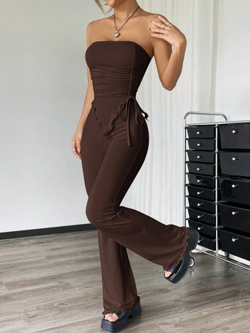 EZwear 2pcs Casual Solid Color Ruched Asymmetric Hem Tube Top And Flared Pants Set