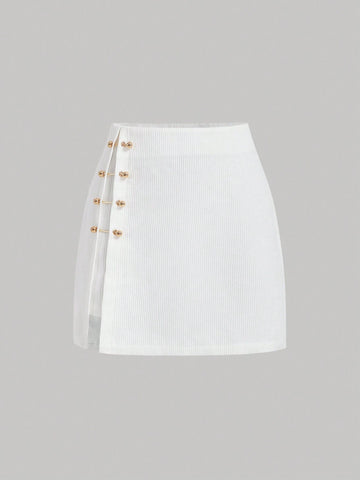 MOD Solid Color Studded Decorated Fitted Skirt