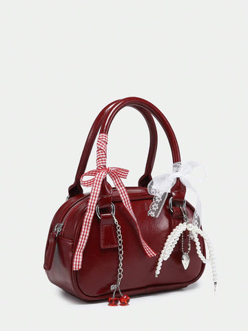 ROMWE Women's Cute Ballet Style Cherry Pearl & Bow Decor Mini Handbag