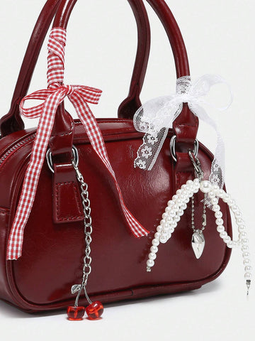 ROMWE Women's Cute Ballet Style Cherry Pearl & Bow Decor Mini Handbag