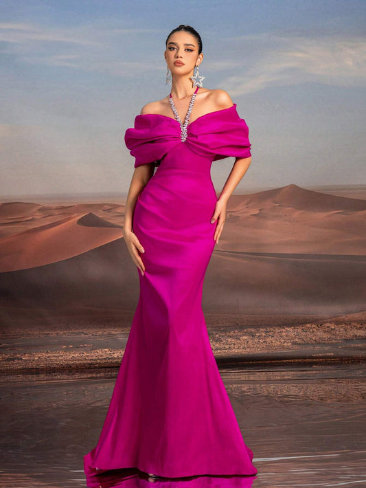 Glamrae Elegant Purple Necklace Chain, Off-Shoulder, Floor-Length Fishtail Formal Dress