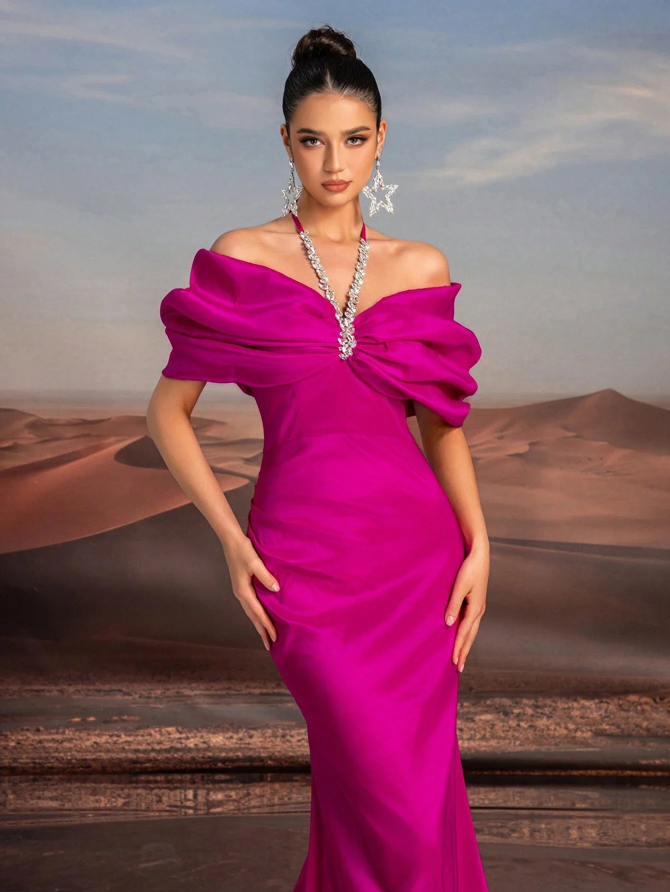 Glamrae Elegant Purple Necklace Chain, Off-Shoulder, Floor-Length Fishtail Formal Dress