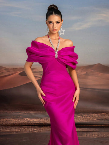Glamrae Elegant Purple Necklace Chain, Off-Shoulder, Floor-Length Fishtail Formal Dress