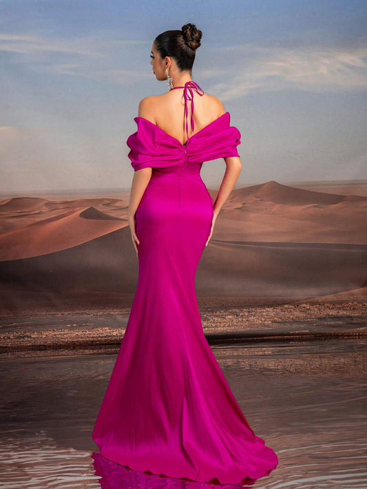 Glamrae Elegant Purple Necklace Chain, Off-Shoulder, Floor-Length Fishtail Formal Dress