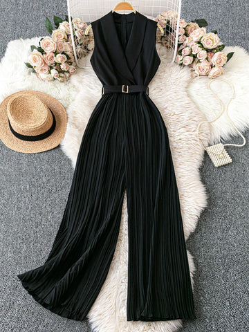 Franclia 1set Apple Collar Sleeveless Waist Belt Pleated Jumpsuit With Straight Leg Pants