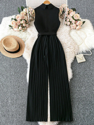 Franclia 1set Apple Collar Sleeveless Waist Belt Pleated Jumpsuit With Straight Leg Pants