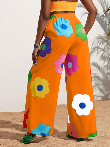 Slayr Summer Casual Vacation Colorful Flower All-Over Printed Wide-Leg Pants