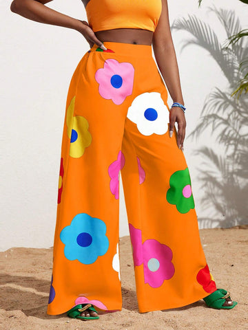 Slayr Summer Casual Vacation Colorful Flower All-Over Printed Wide-Leg Pants