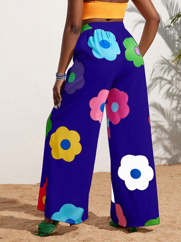 Slayr Summer Casual Vacation Colorful Flower All-Over Printed Wide-Leg Pants