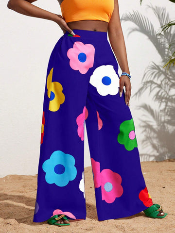 Slayr Summer Casual Vacation Colorful Flower All-Over Printed Wide-Leg Pants