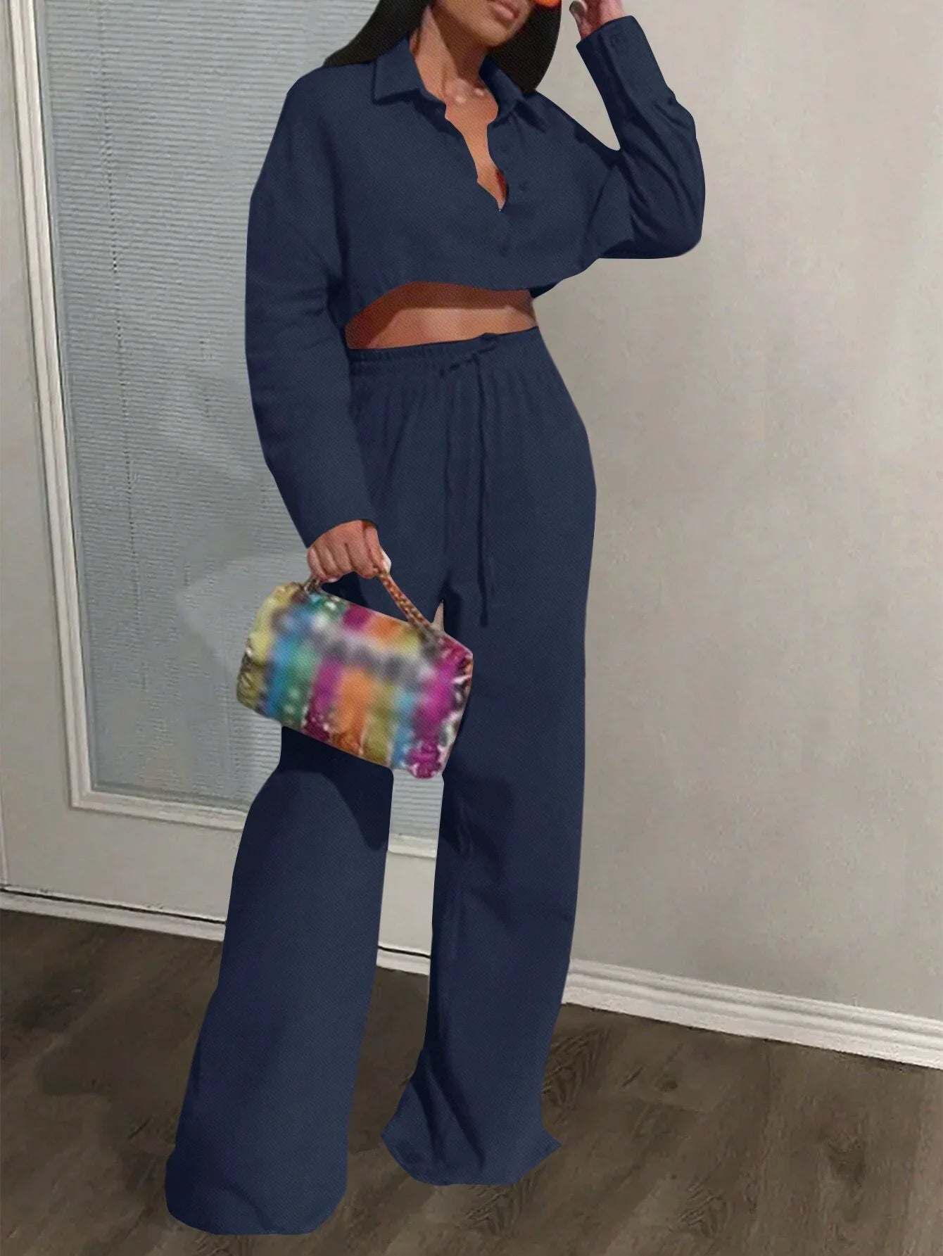 Slayr Casual Loose White Long Sleeve Cropped Shirt Top And Wide Leg Pants