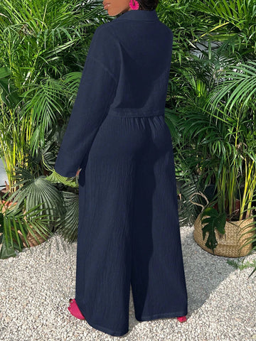 Slayr Casual Loose White Long Sleeve Cropped Shirt Top And Wide Leg Pants