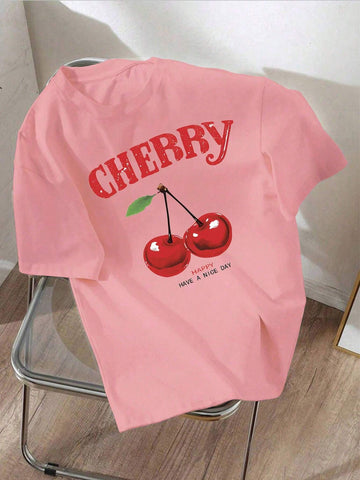 EZwear Oversized Casual Cherry Pattern Round Neck Short Sleeve T-Shirt