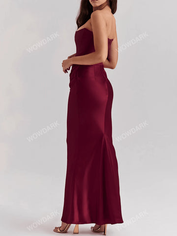 Women Satin Bandeau Pleated Patchwork Maxi Elegant Dress